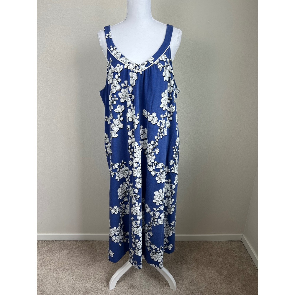 BedHead PJs Nightgown 1X Blue Floral Sleeveless Organic Cotton Sleep Dress